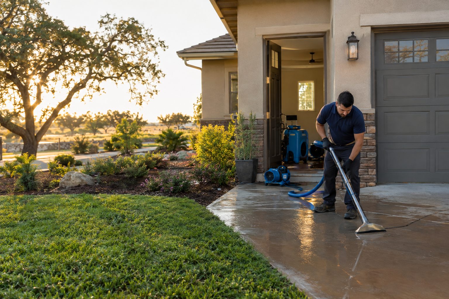 A restoration technician removes water beside a Salida home’s entry, with drying equipment visible through the open front door in Salida, CA